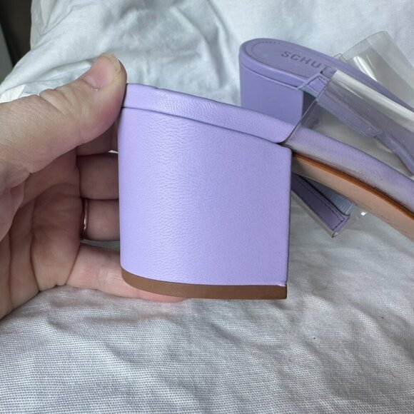 Schutz Size 8 Purple Transparent Victorie Low Block Sandal Formal Prom Rush New - Picture 3 of 8